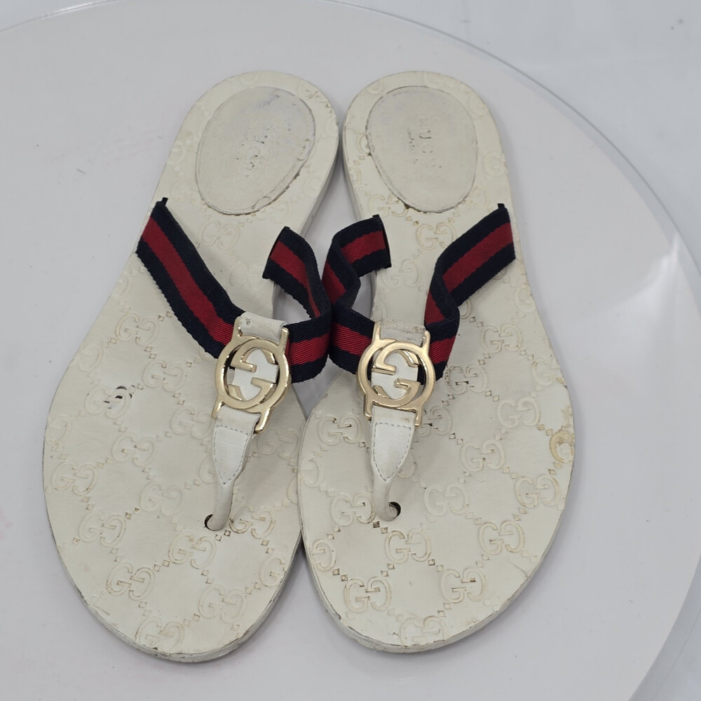 Gucci Kika Wom 38 White Leather GG Web Thong Fabric Navy Blue/Red Stripe Sandals